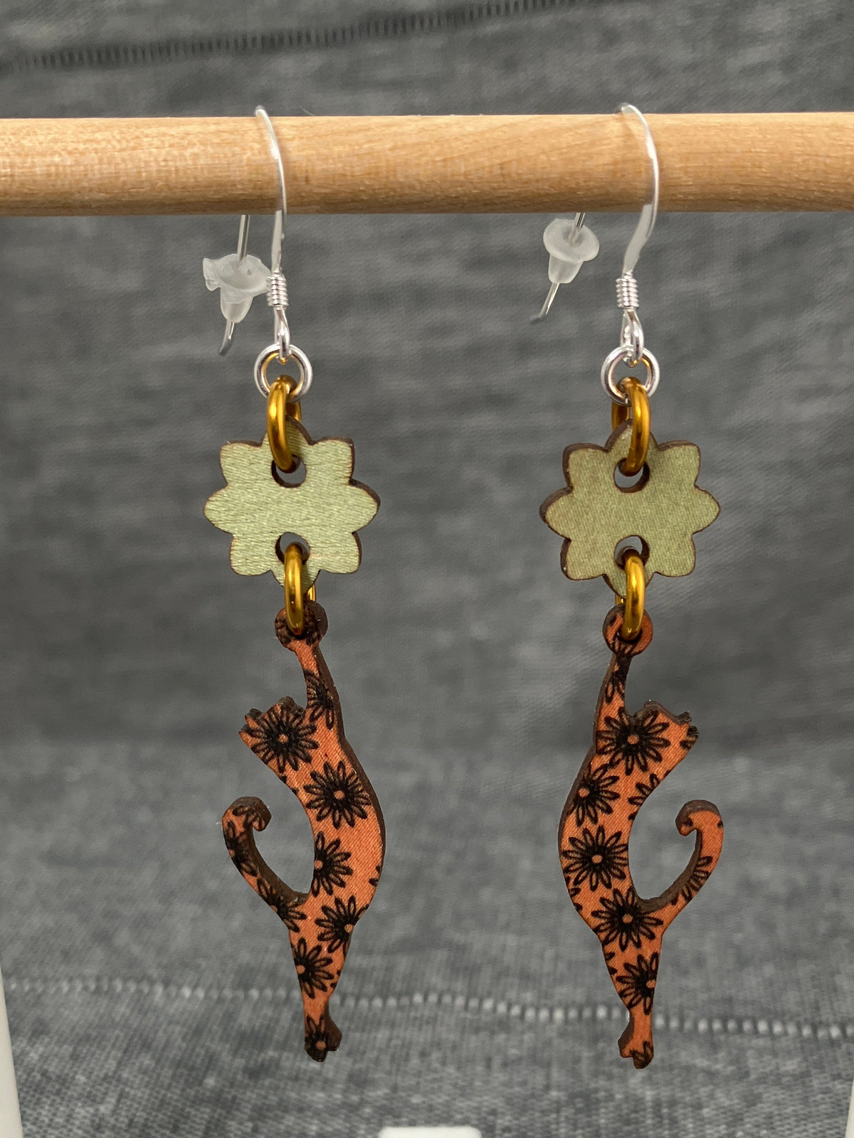 Wood Cat Flower Earrings