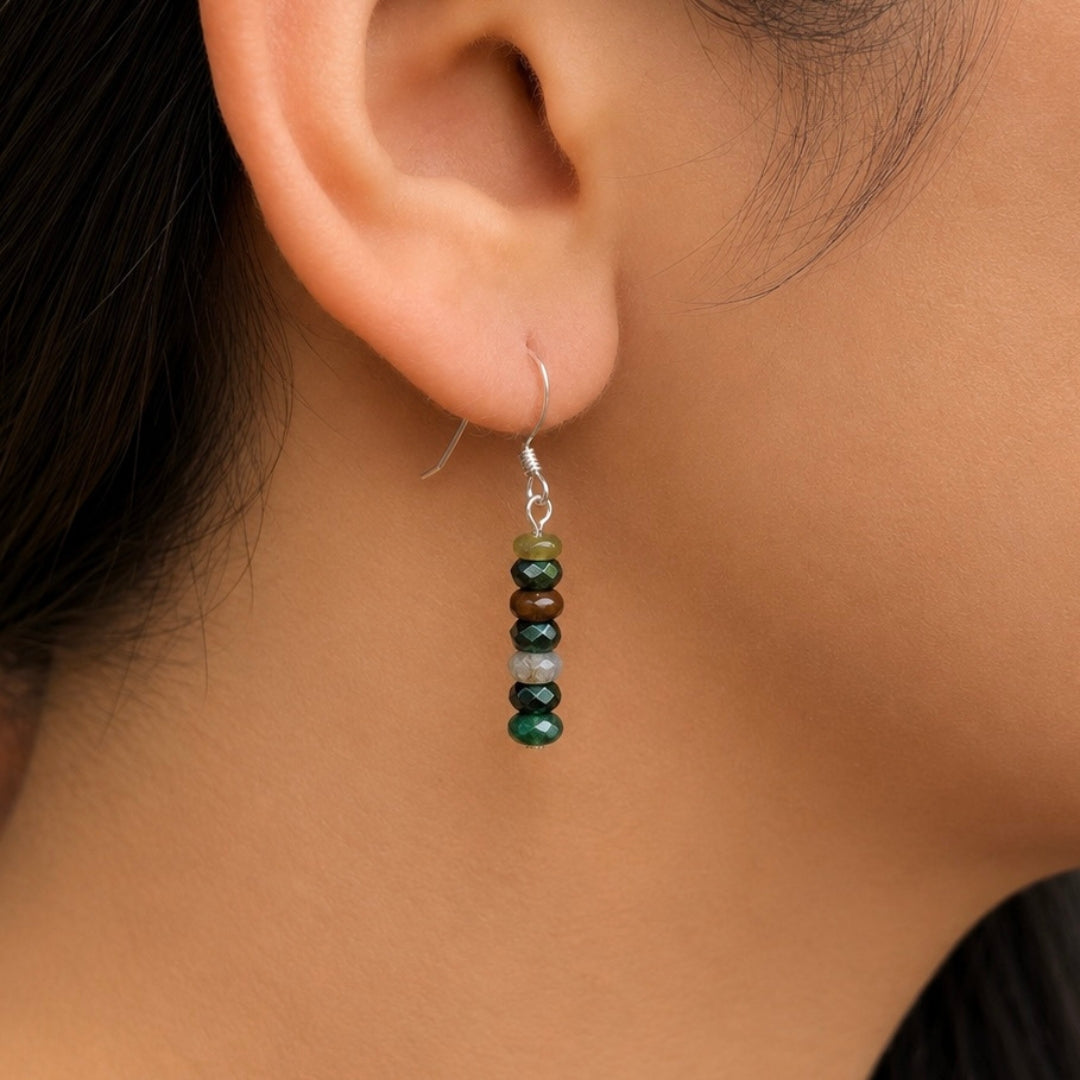 Model wearing Moss Agate Earrings