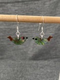 Wood Blue Flower Birdie Earrings