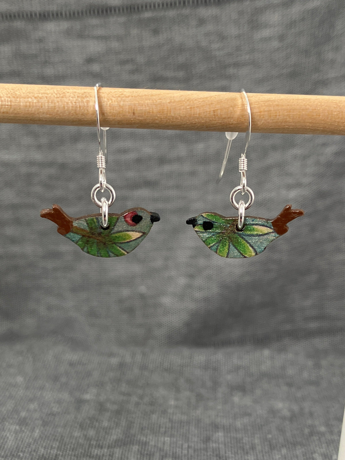 Wood Blue Flower Birdie Earrings