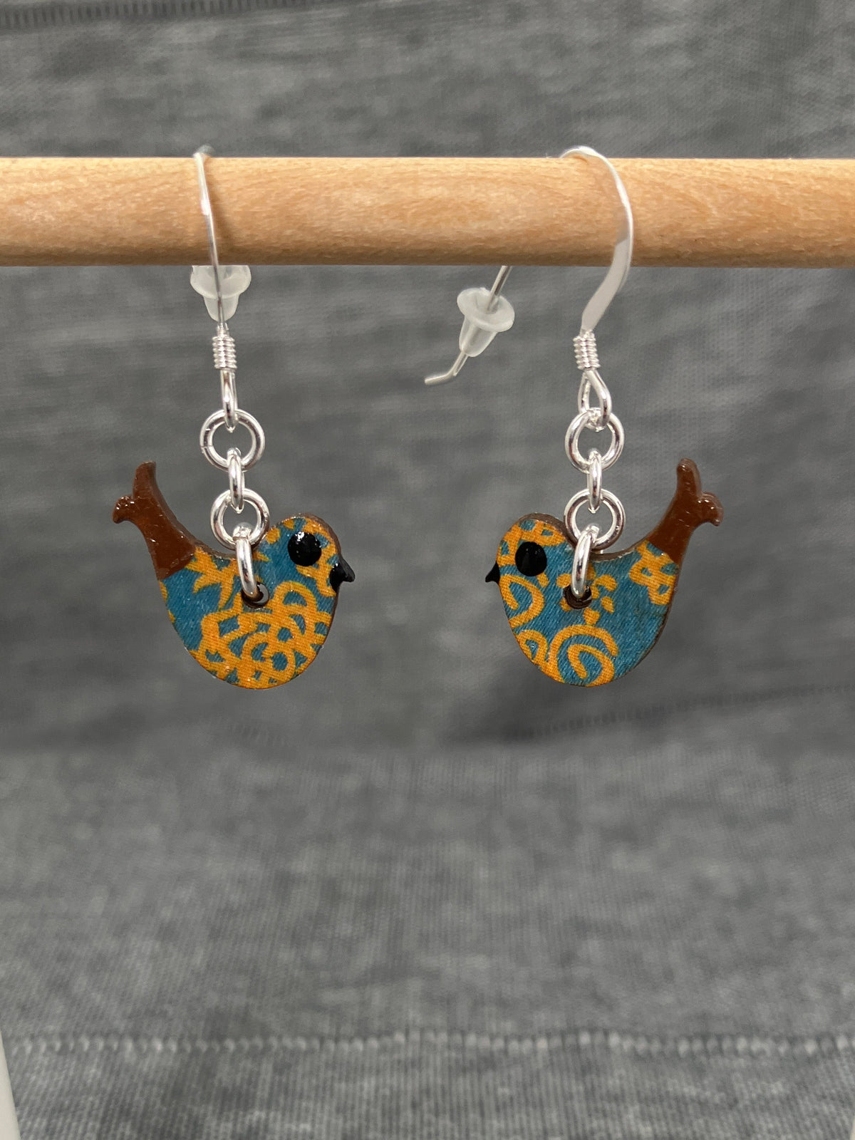 Wood Yellow Blue Birdie Earrings