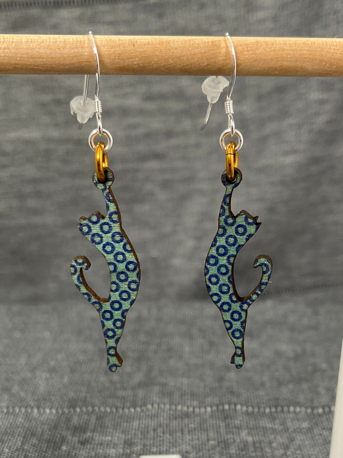 Wood Teal Cat Earrings