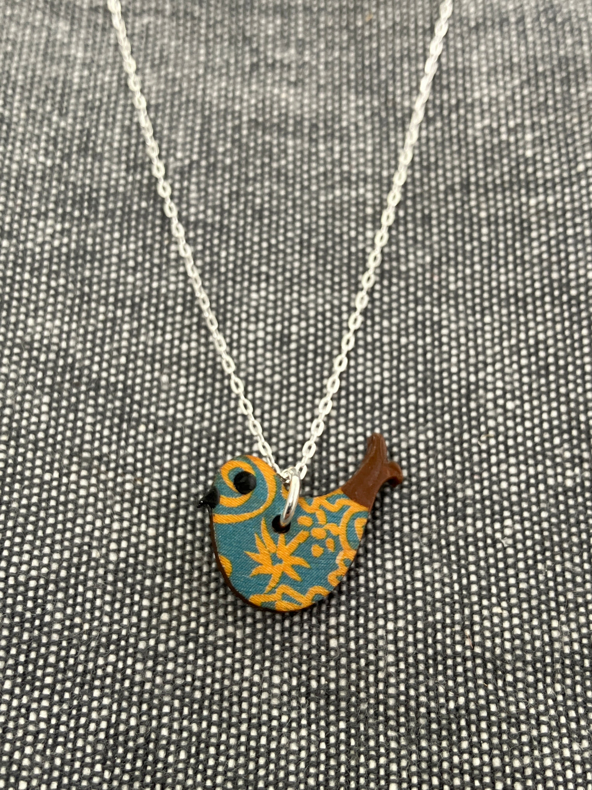 Wood Yellow Blue Birdie Necklace