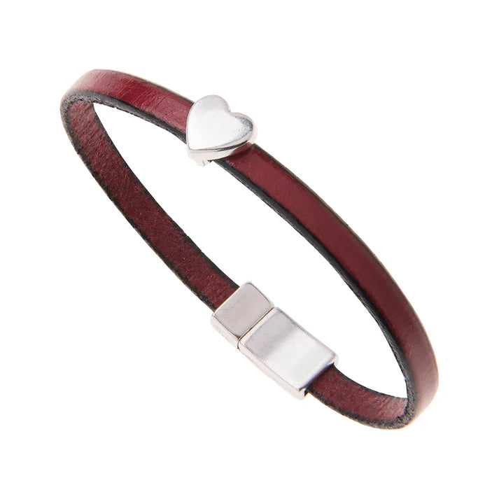 Silver Heart Charm Burgundy Leather Bracelet