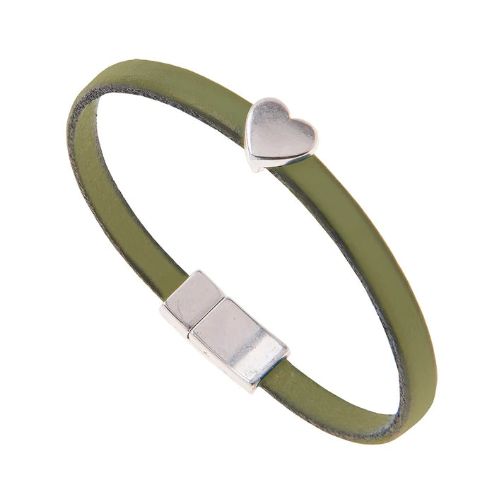 Silver Heart Charm Khaki Leather Bracelet