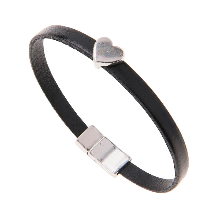 Silver Heart Charm Black Leather Bracelet