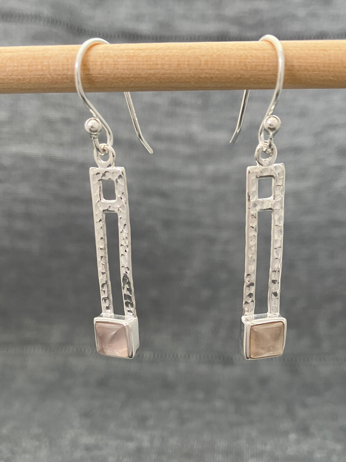 Rose Quartz Planished Rectangle Earring