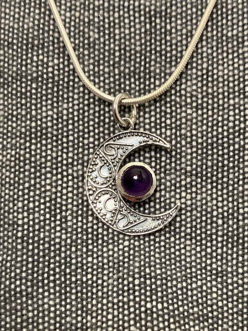 Amethyst Ornate Moon Pendant