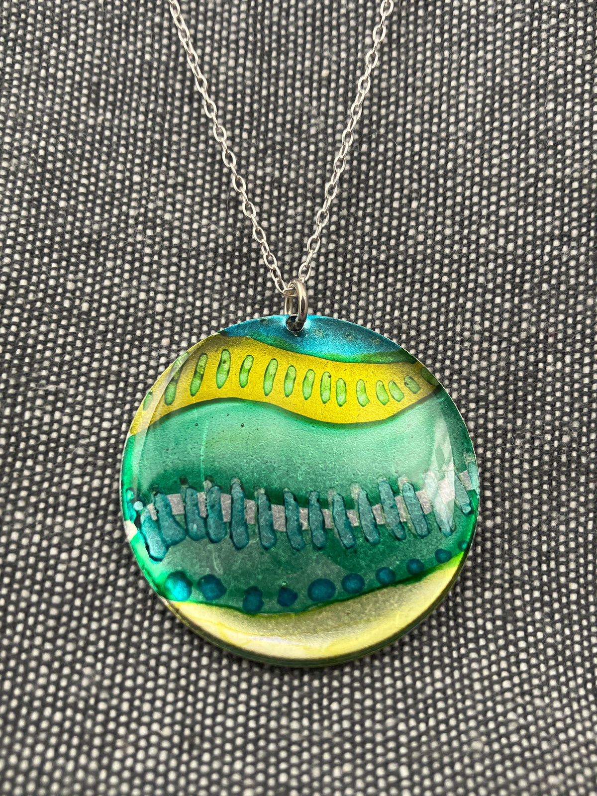 Inky Teal Waves Disc Necklace