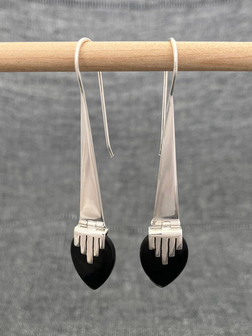 Black Onyx Long Hinged Earrings