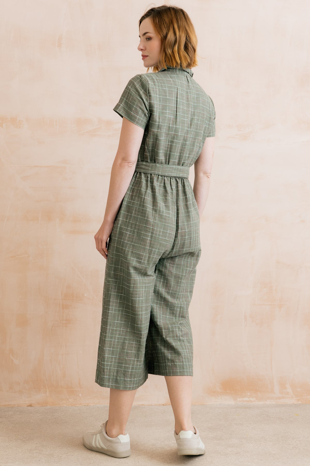 Josie Checked Cotton Cropped Jumpsuit Green