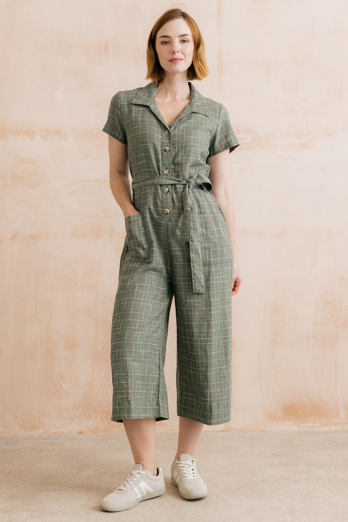 Josie Checked Cotton Cropped Jumpsuit Green