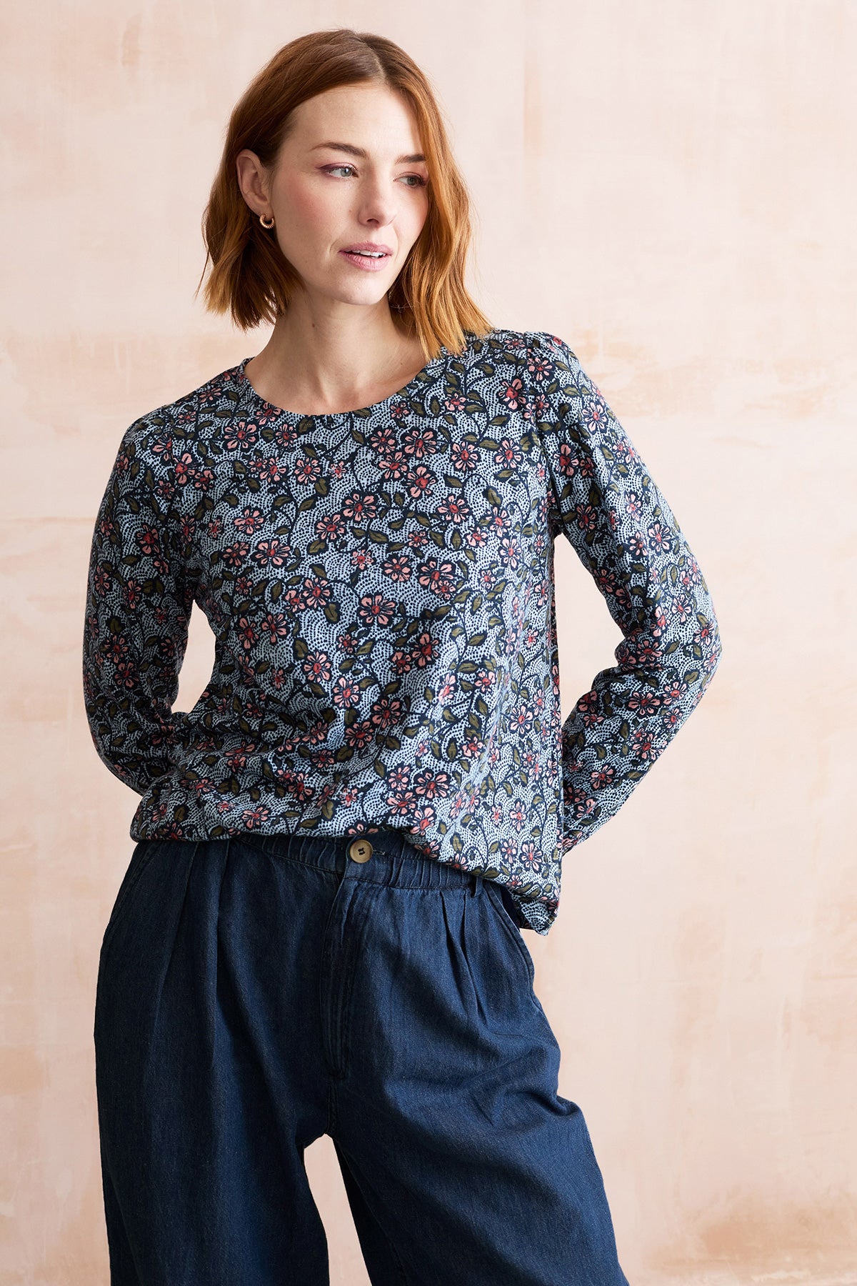 Caroline Printed Organic Cotton Jersey Top Blue