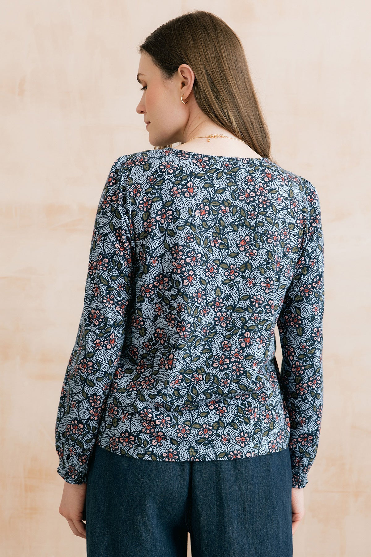 Caroline Printed Organic Cotton Jersey Top Blue