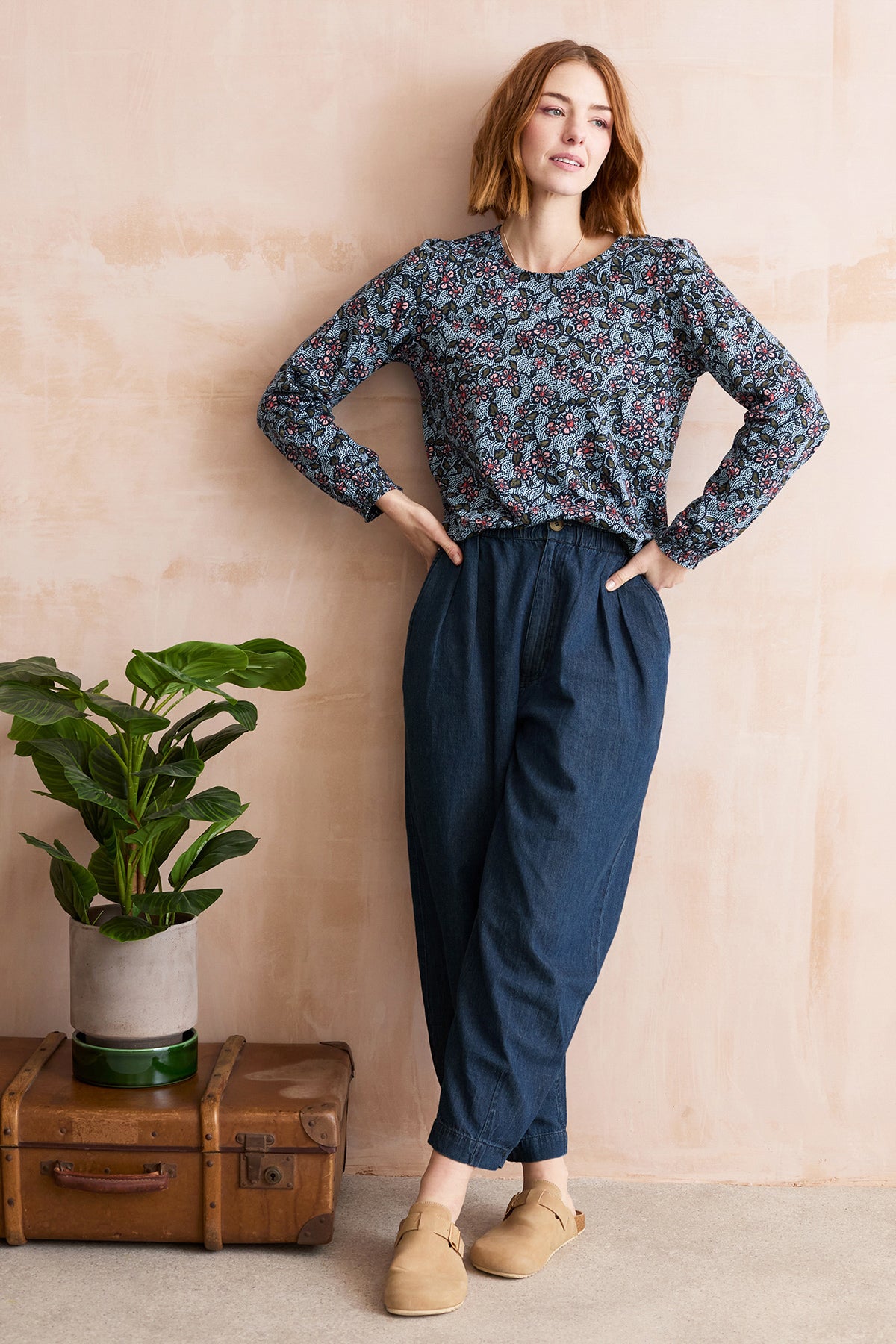 Caroline Printed Organic Cotton Jersey Top Blue