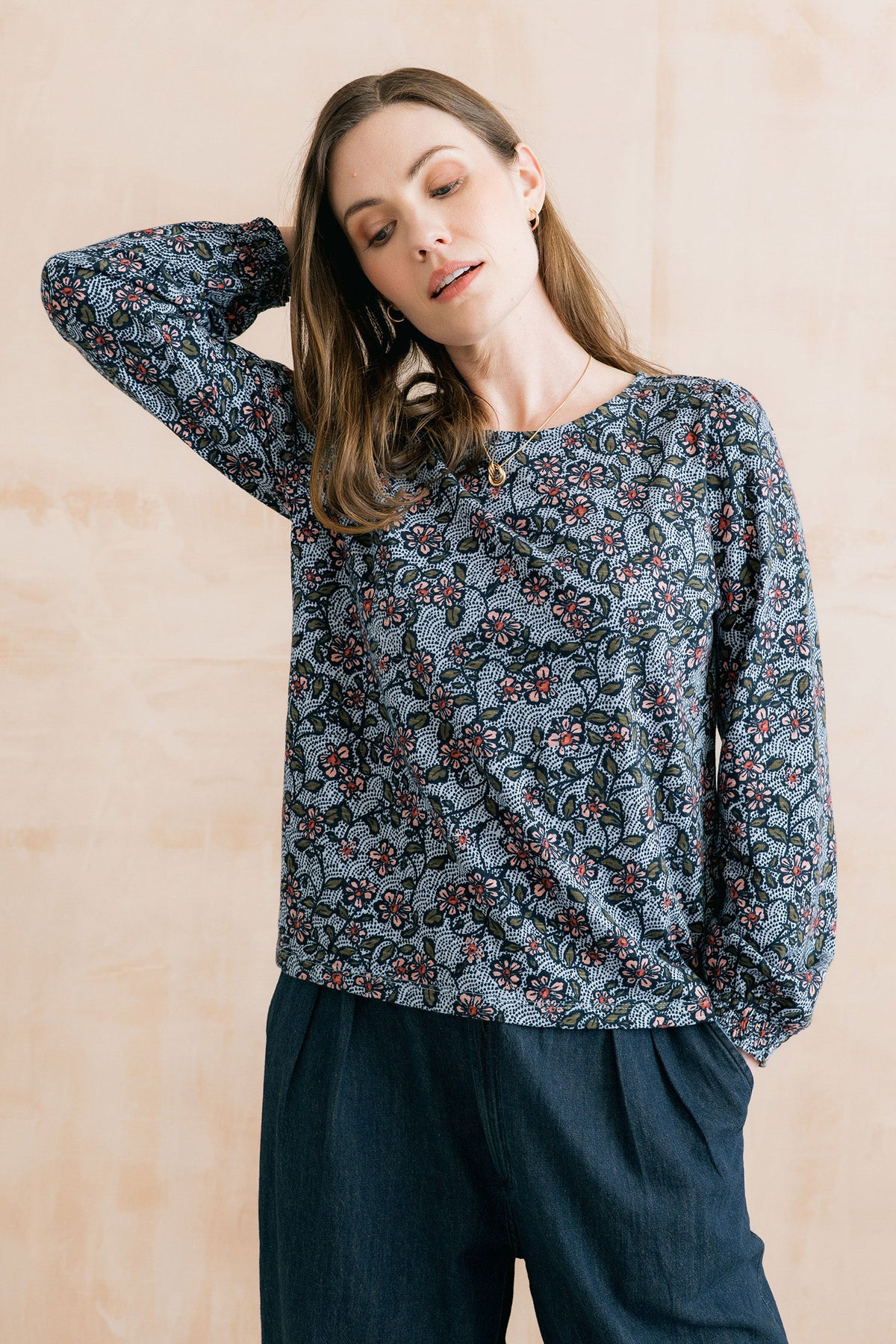 Caroline Printed Organic Cotton Jersey Top Blue