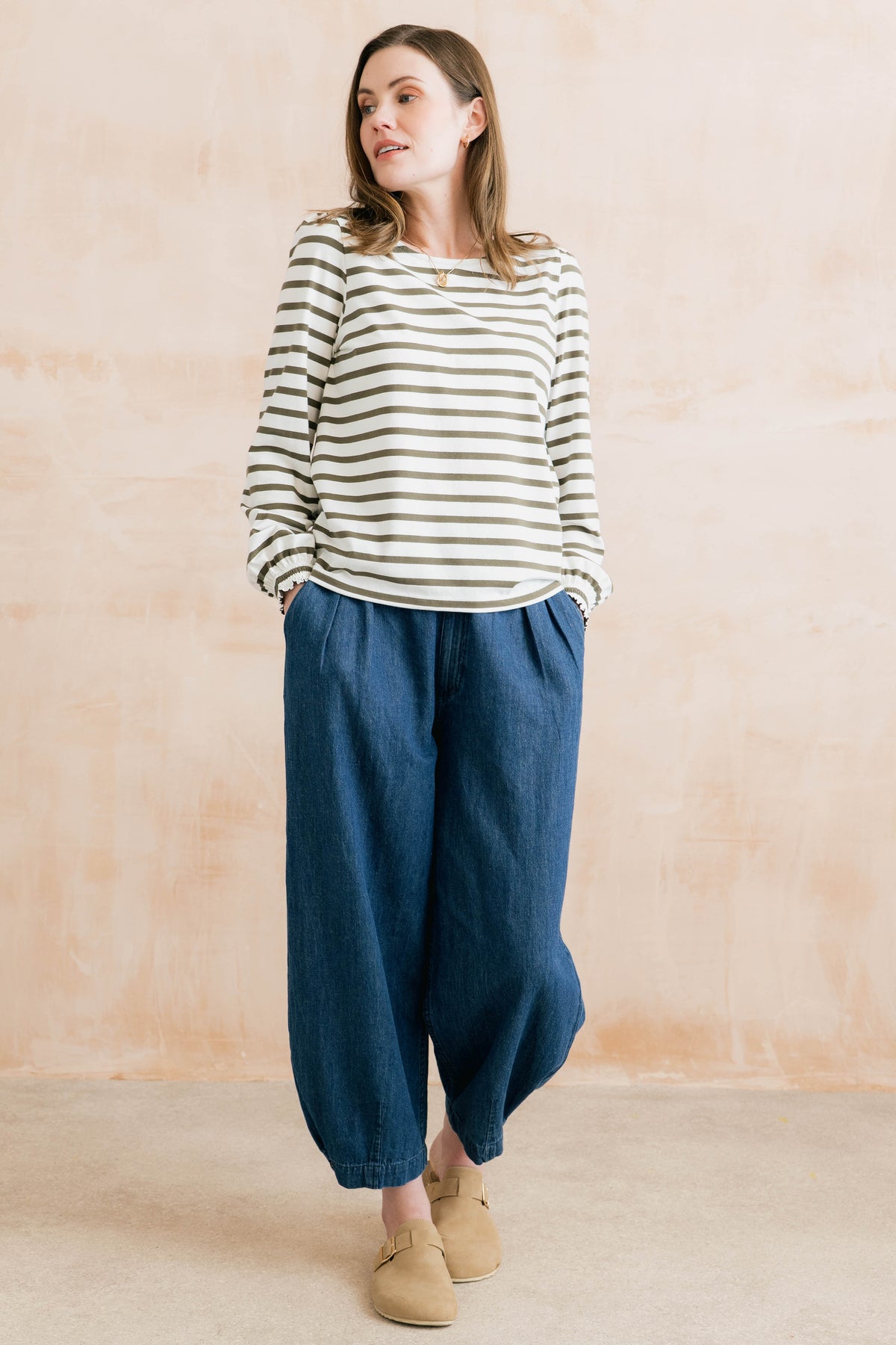 Caroline Striped Organic Cotton Jersey Top Olive/Ecru