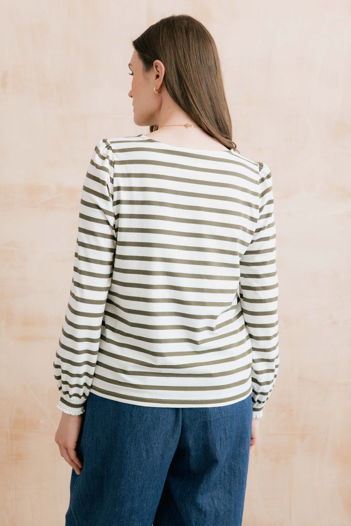 Caroline Striped Organic Cotton Jersey Top Olive/Ecru