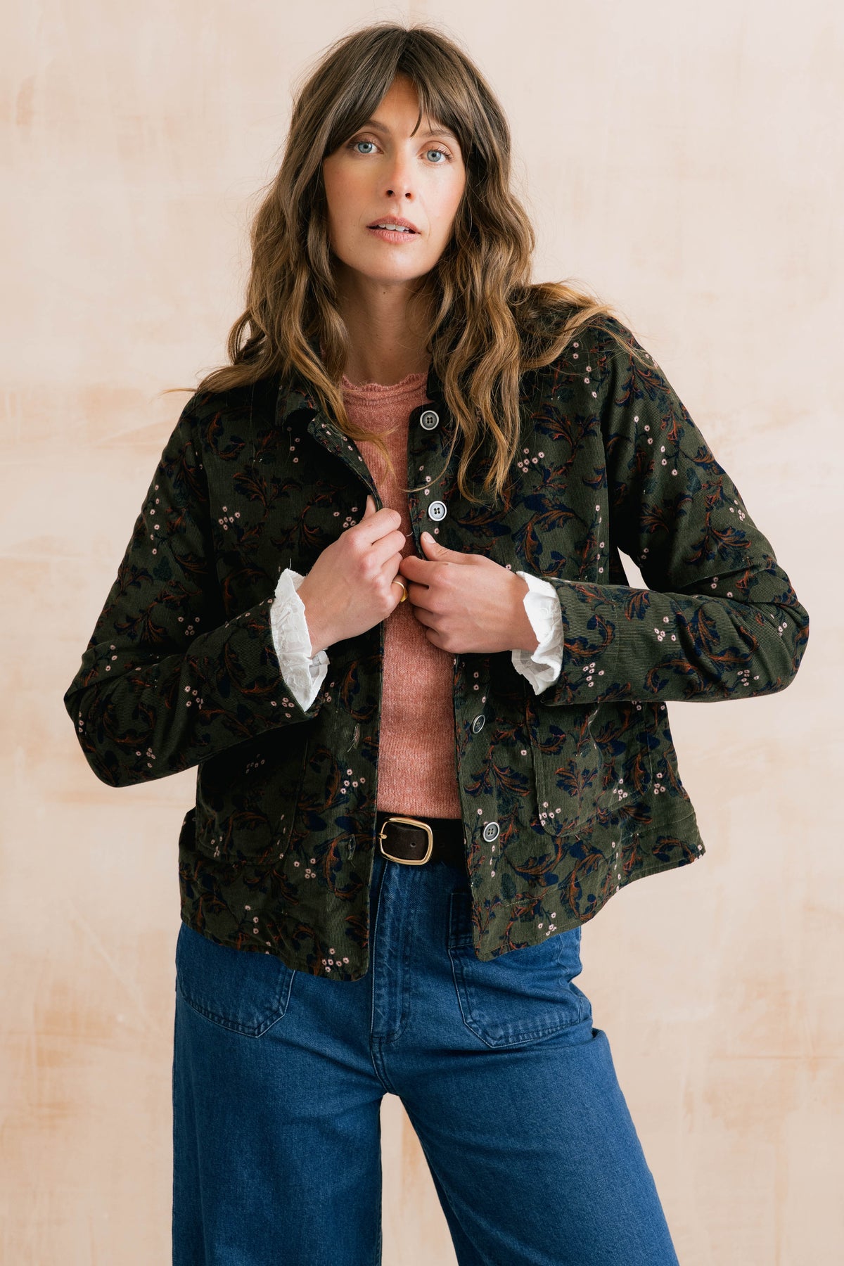 Ash Cotton Pincord Printed Jacket Trailing Leaves Olive