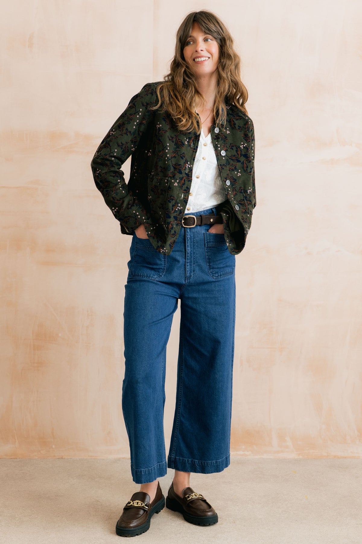 Ash Cotton Pincord Printed Jacket Trailing Leaves Olive