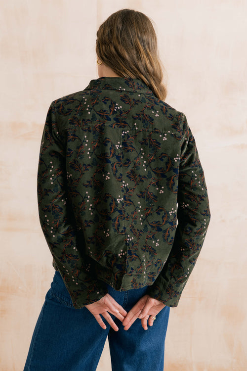 Ash Cotton Pincord Printed Jacket Trailing Leaves Olive