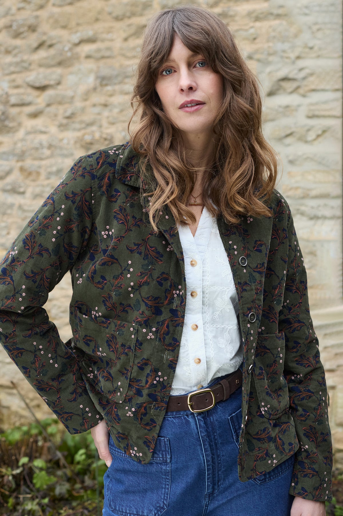Ash Cotton Pincord Printed Jacket Trailing Leaves Olive