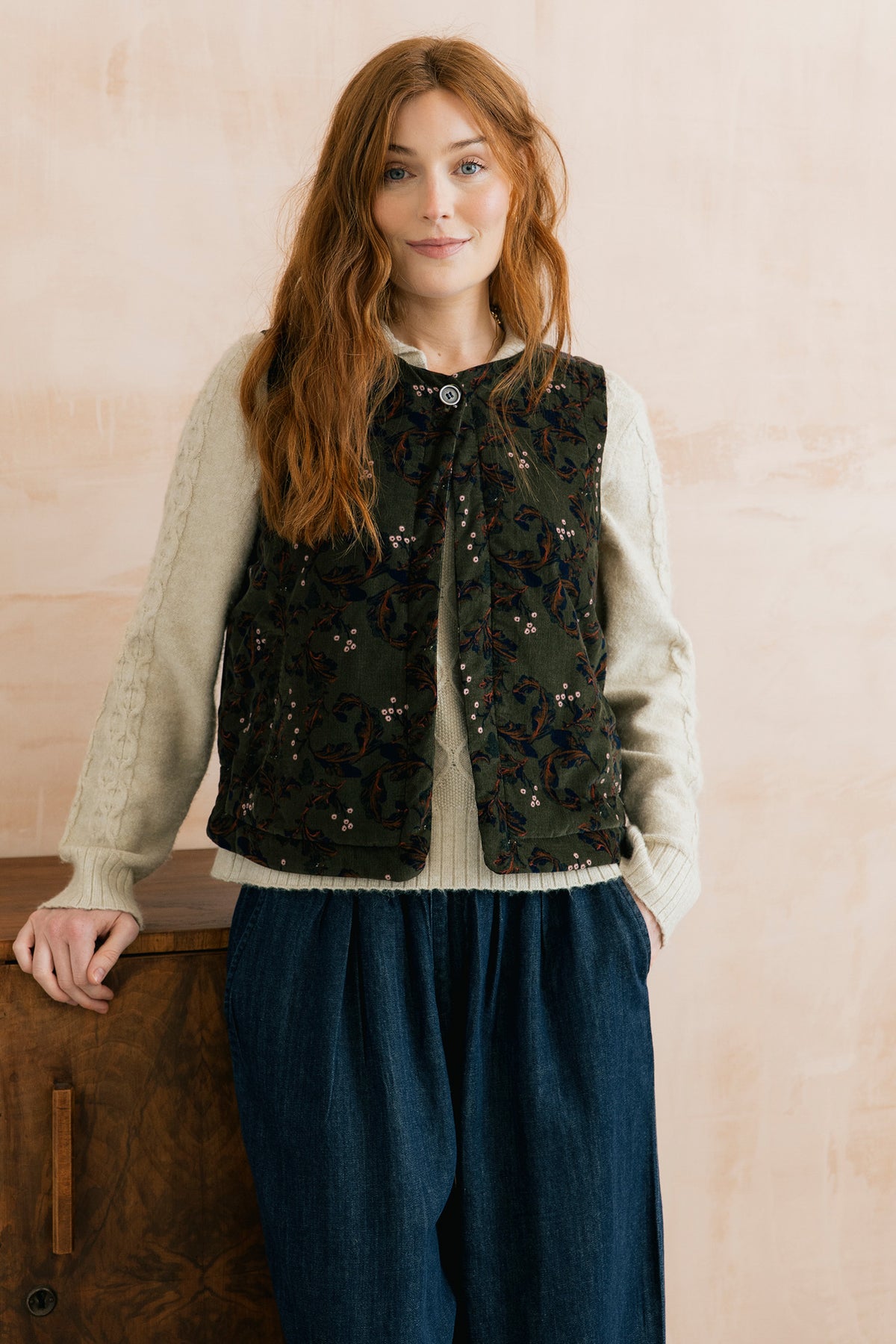 Twilight Cotton Pincord Printed Gilet Trailing Leaves Olive