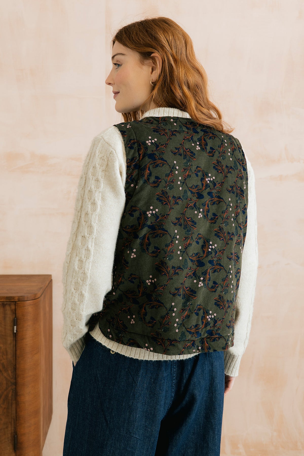Twilight Cotton Pincord Printed Gilet Trailing Leaves Olive