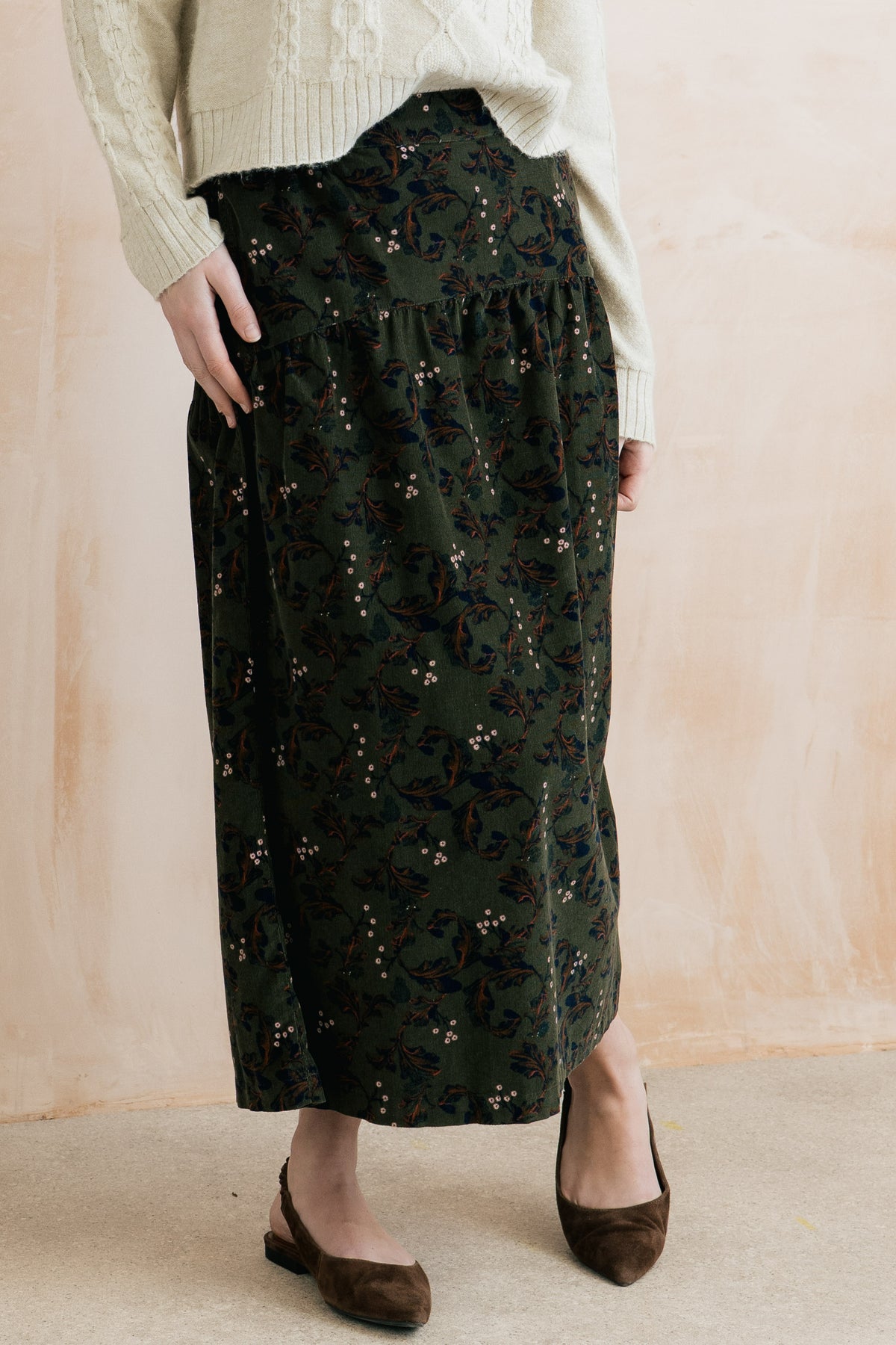 Frances Cotton Pincord Printed Skirt Trailing Leaves Olive