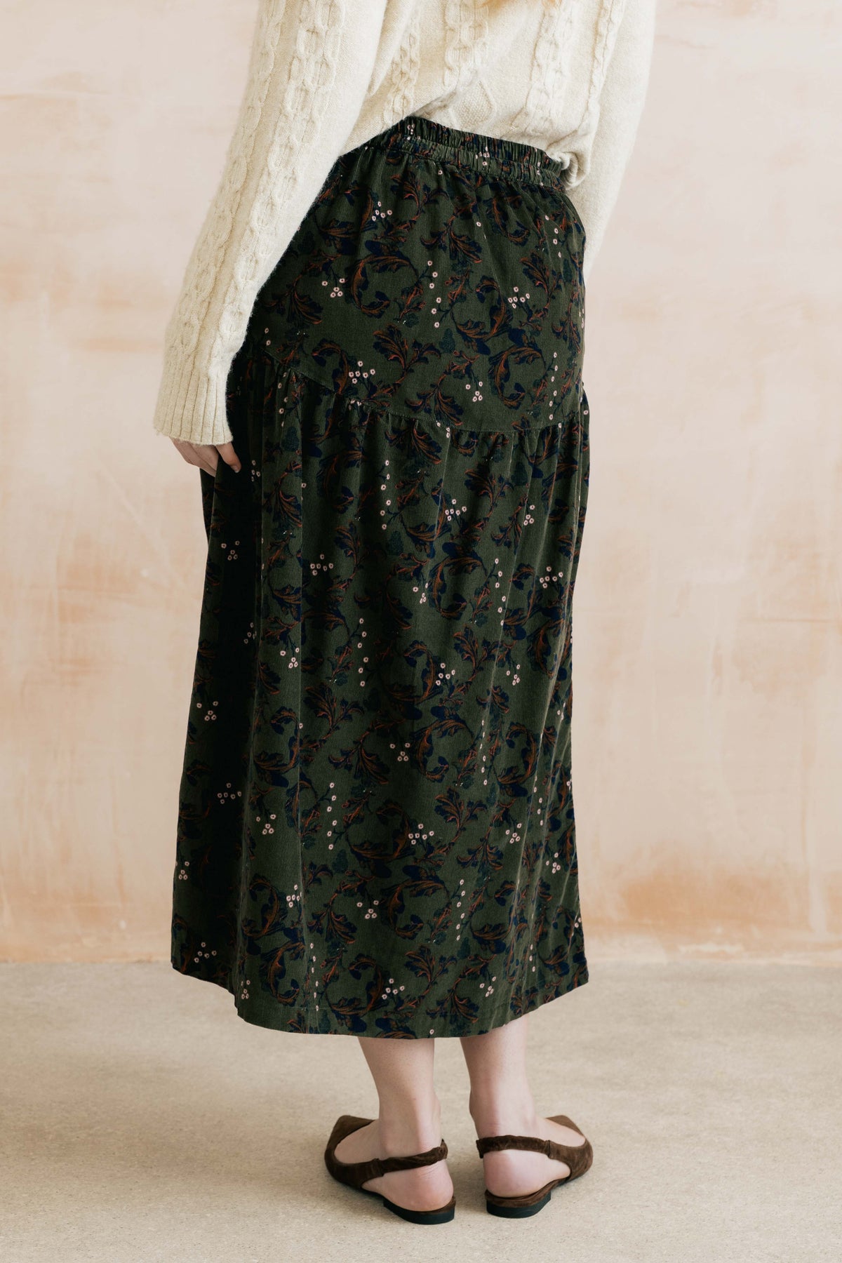 Frances Cotton Pincord Printed Skirt Trailing Leaves Olive