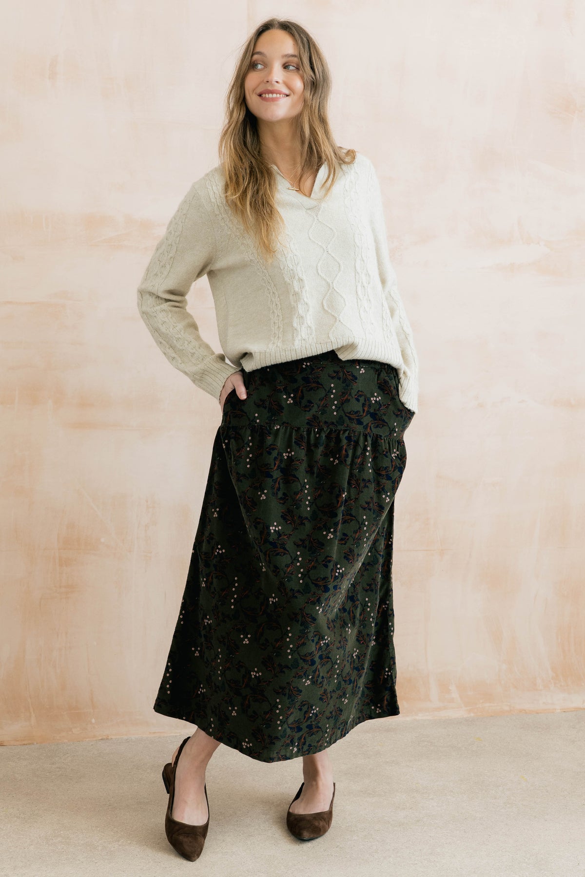 Frances Cotton Pincord Printed Skirt Trailing Leaves Olive