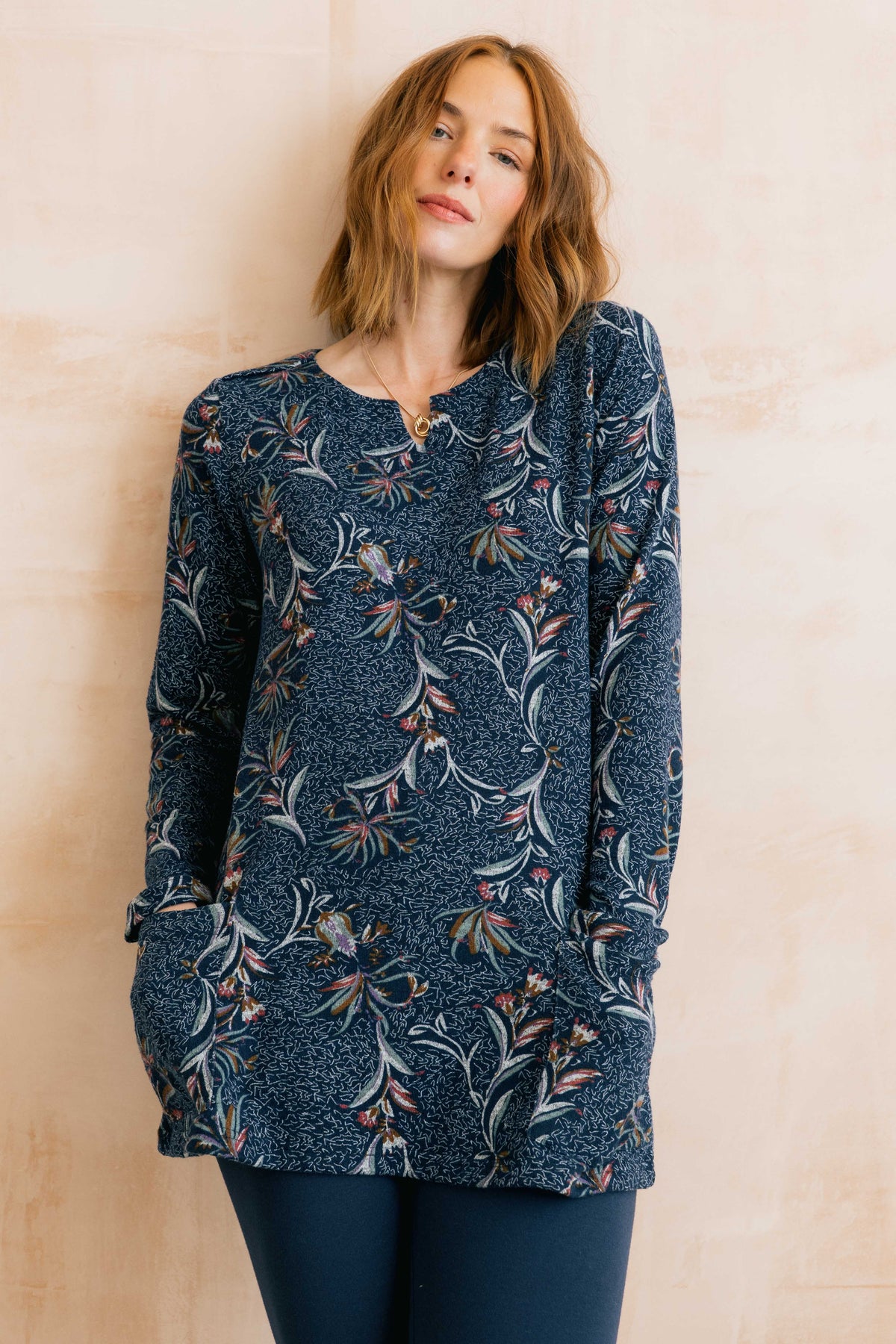 Maple Floral Print Brushed Knit Tunic Navy
