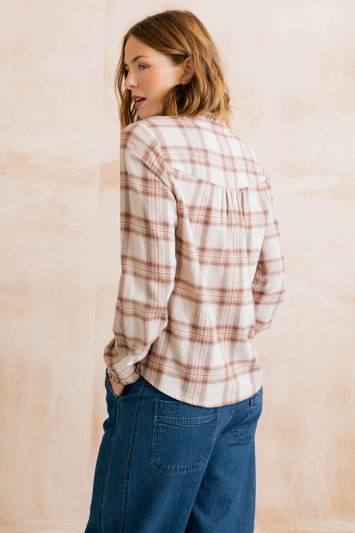 Sage Frill Organic Brushed Cotton Checked Blouse Multi