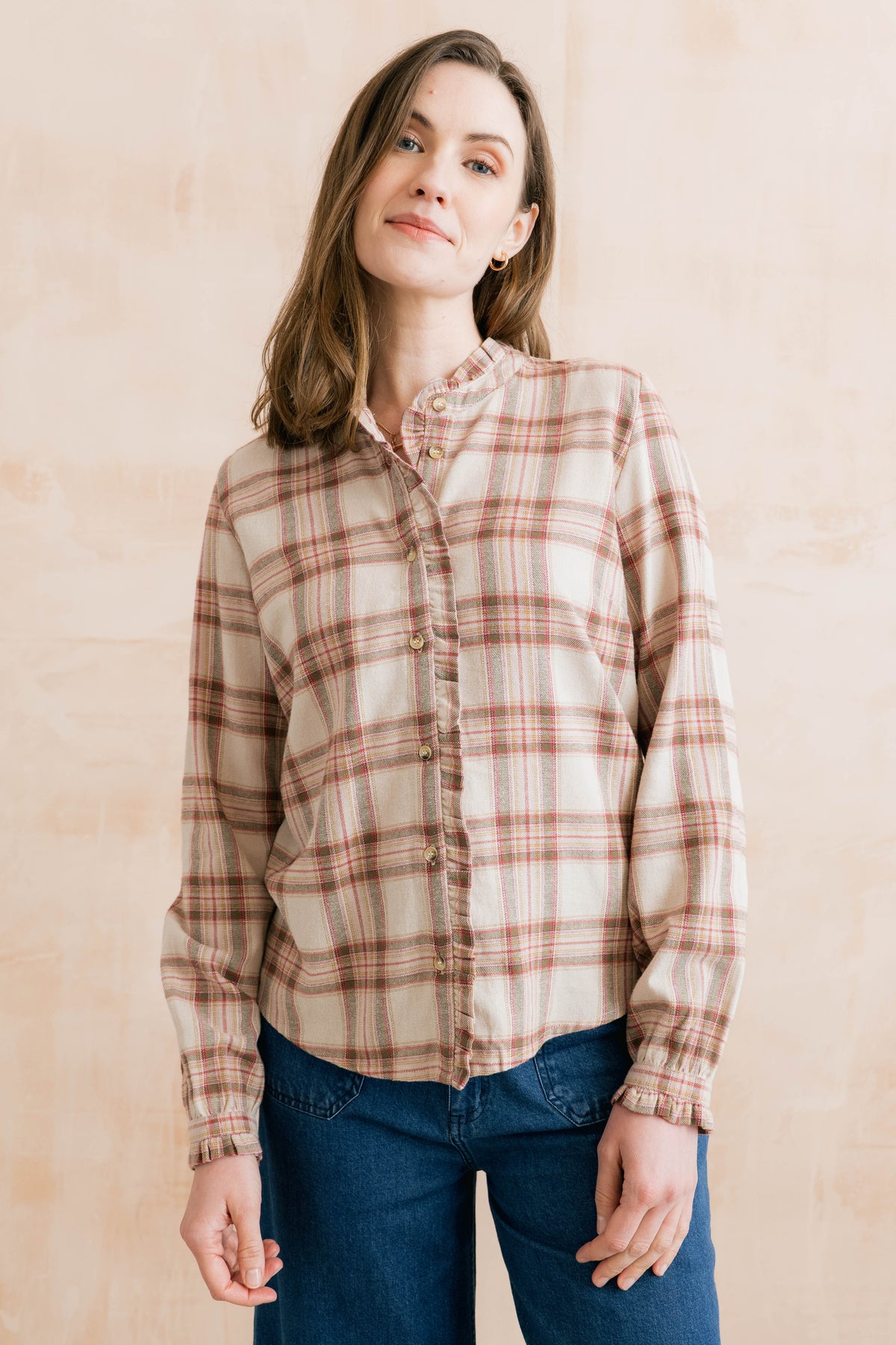 Sage Frill Organic Brushed Cotton Checked Blouse Multi
