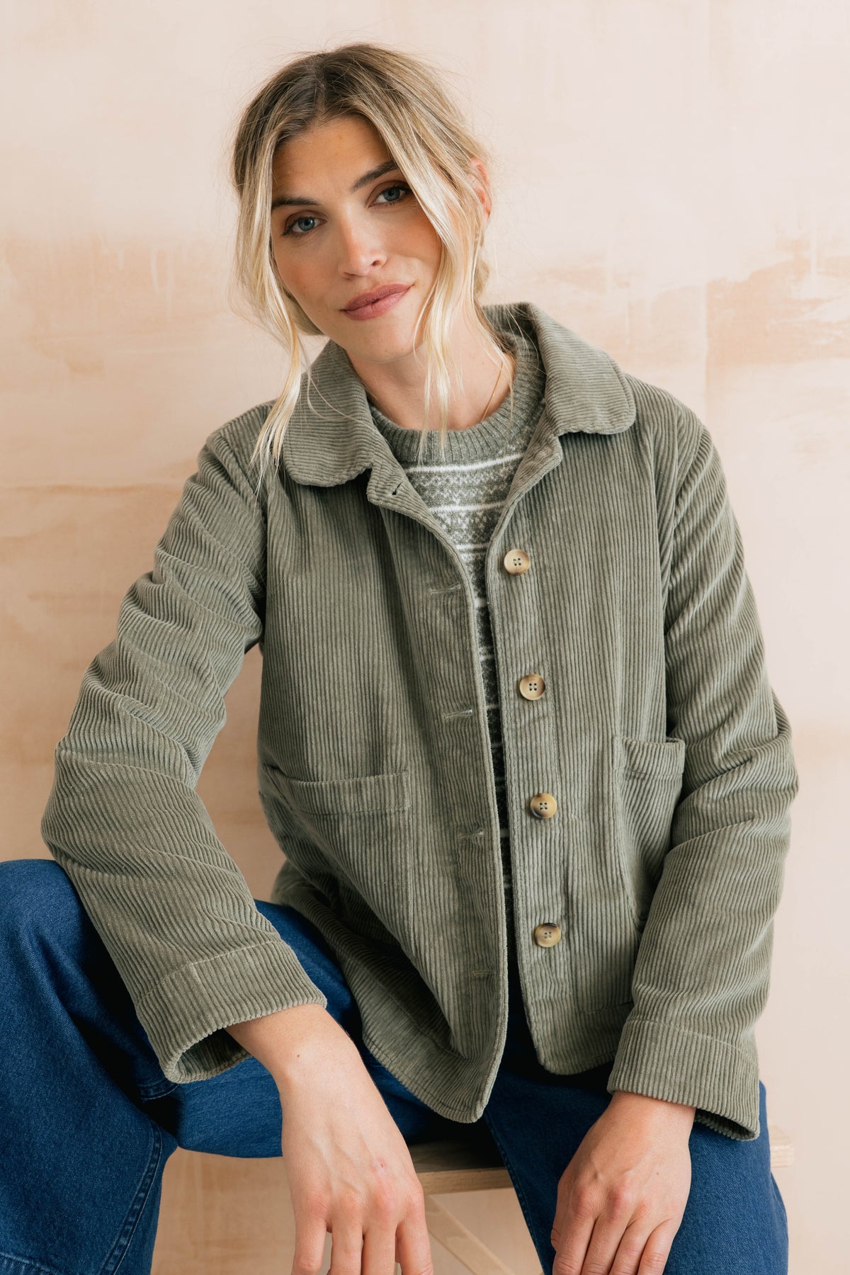 Ash Stretch Cotton Jumbo Cord Jacket Sage
