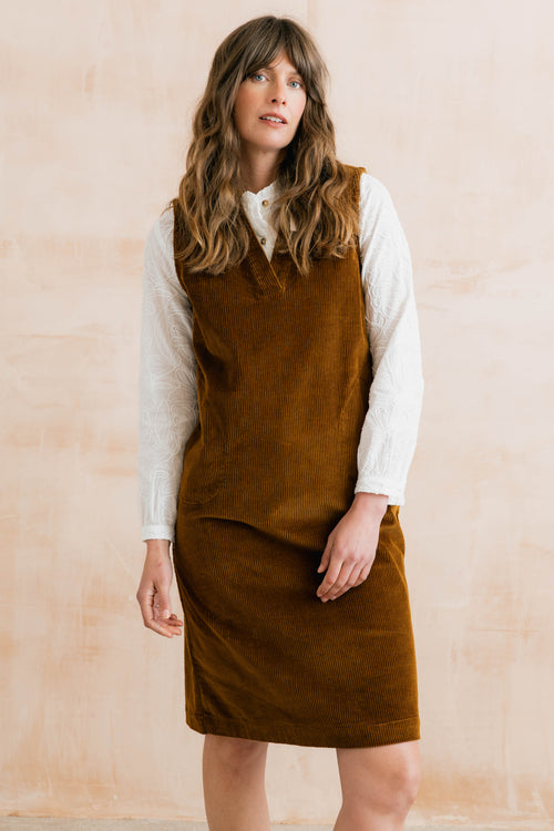 Belle Stretch Jumbo Cord Pinafore Dress Burnt Caramel