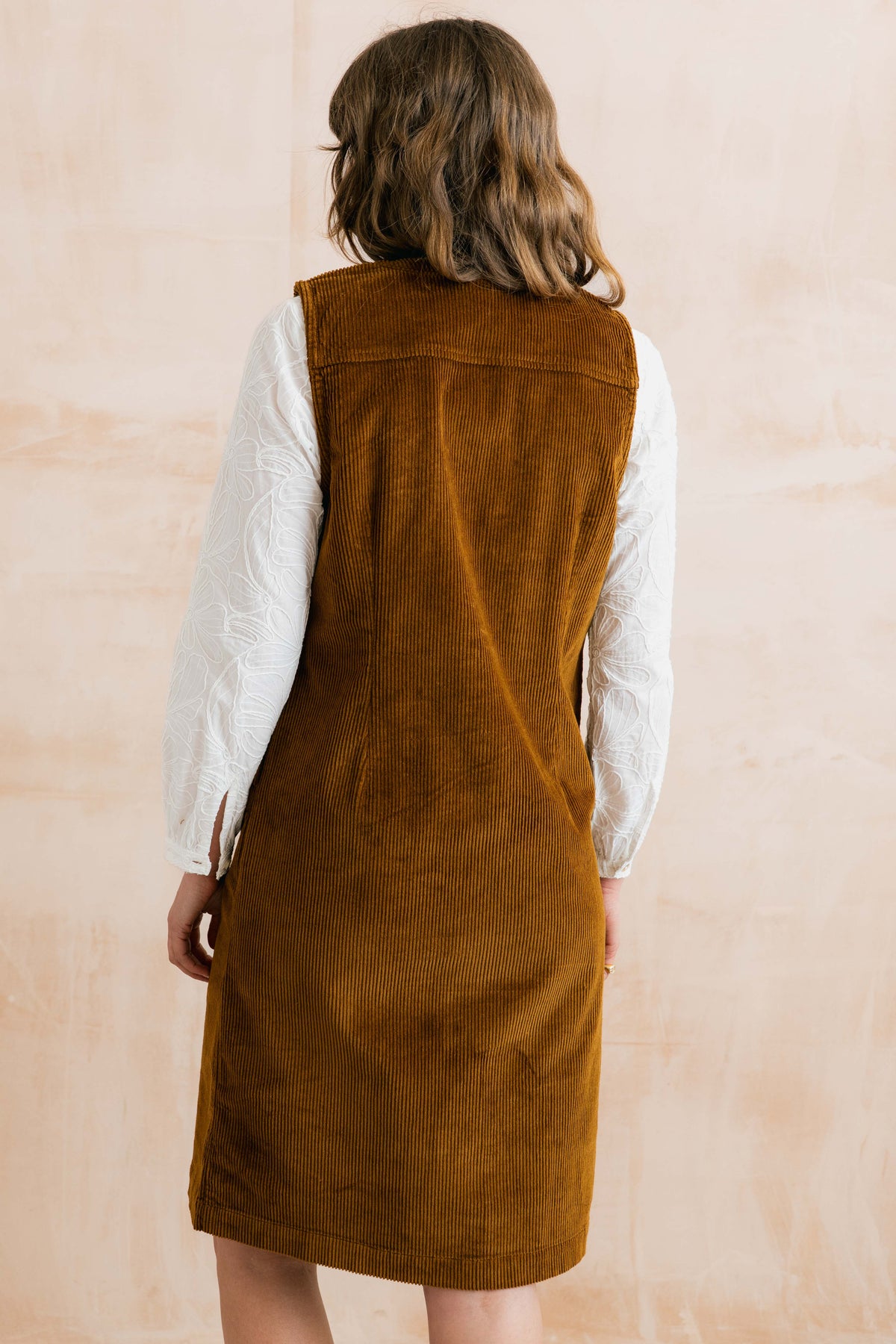 Belle Stretch Jumbo Cord Pinafore Dress Burnt Caramel