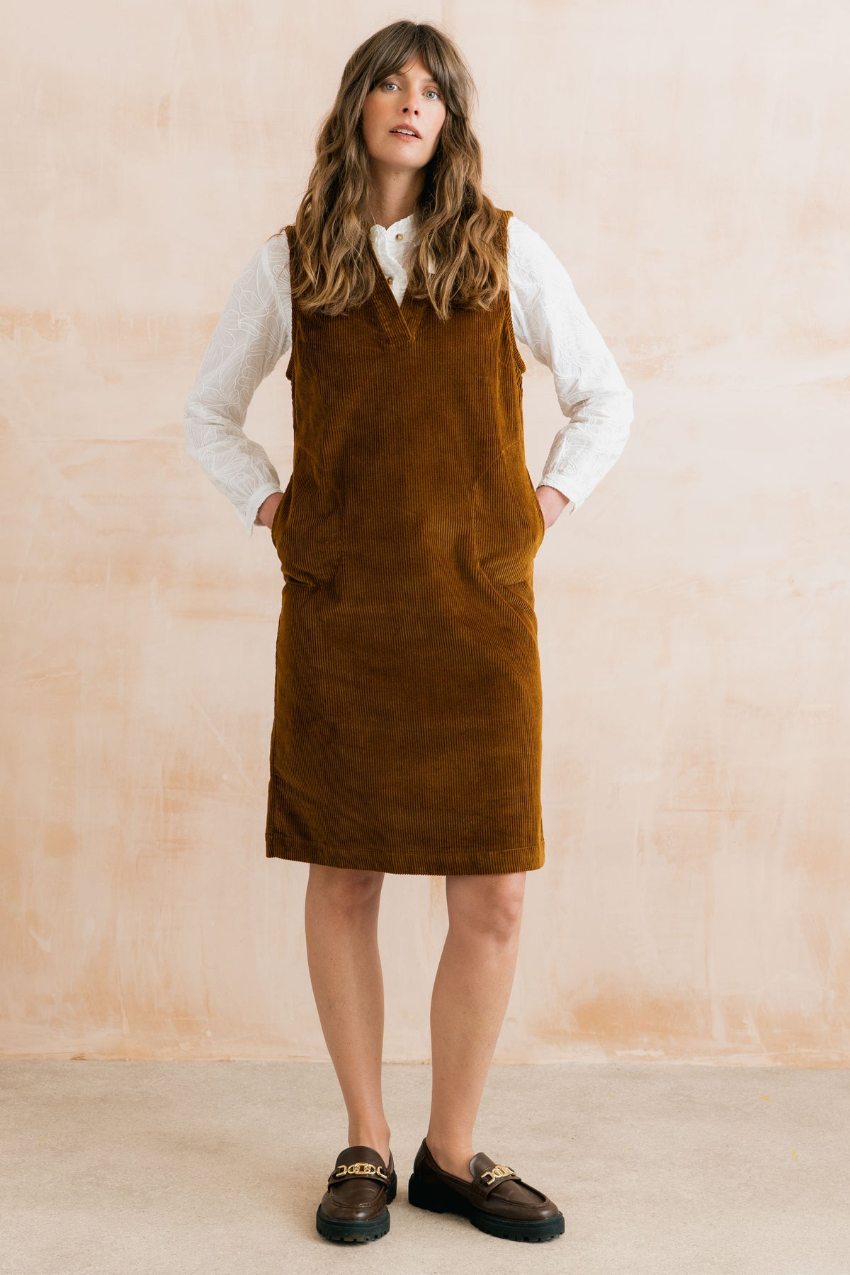 Belle Stretch Jumbo Cord Pinafore Dress Burnt Caramel