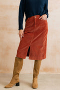 Morwenna Stretch Jumbo Cord Midi Skirt Terracotta