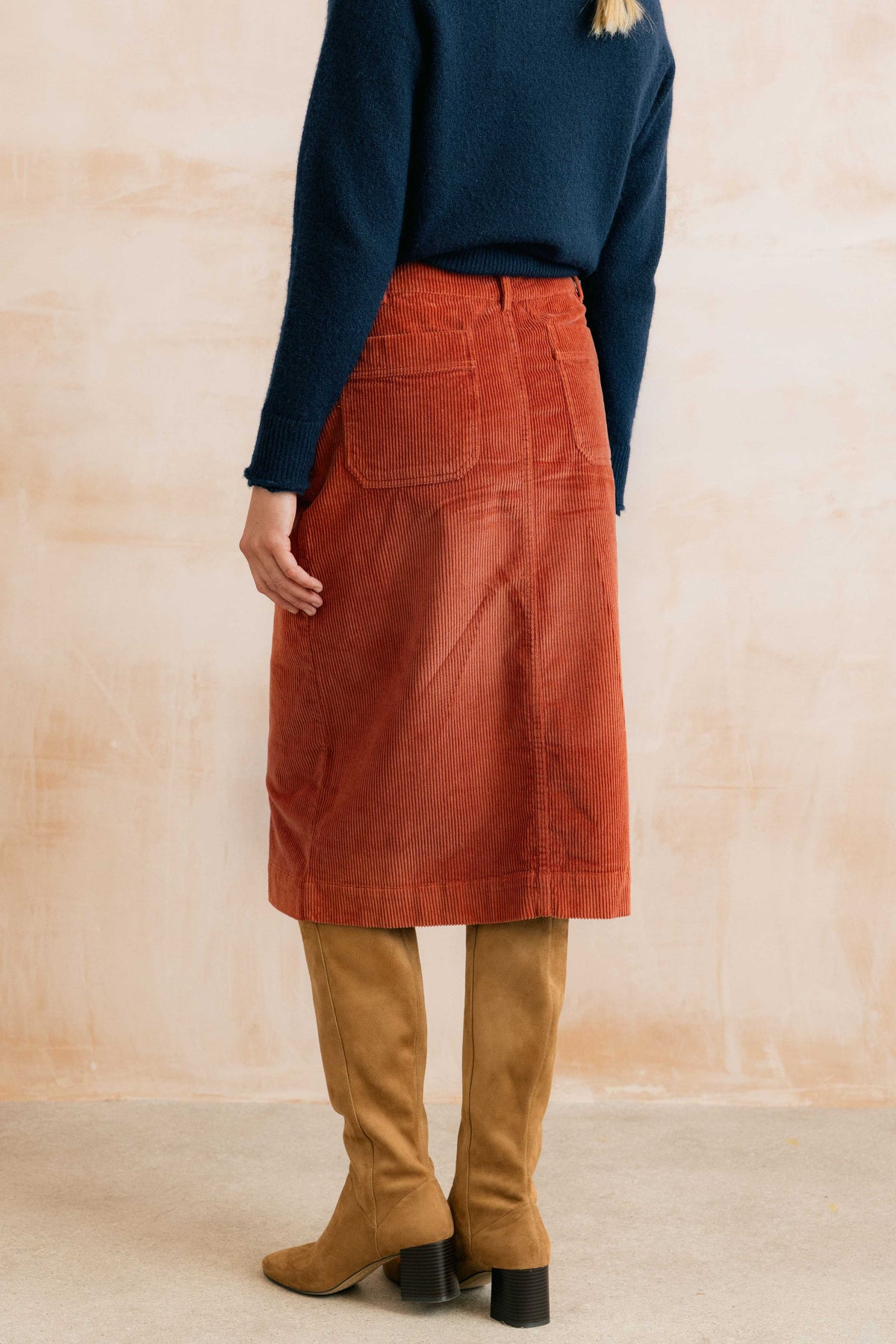 Morwenna Stretch Jumbo Cord Midi Skirt Terracotta