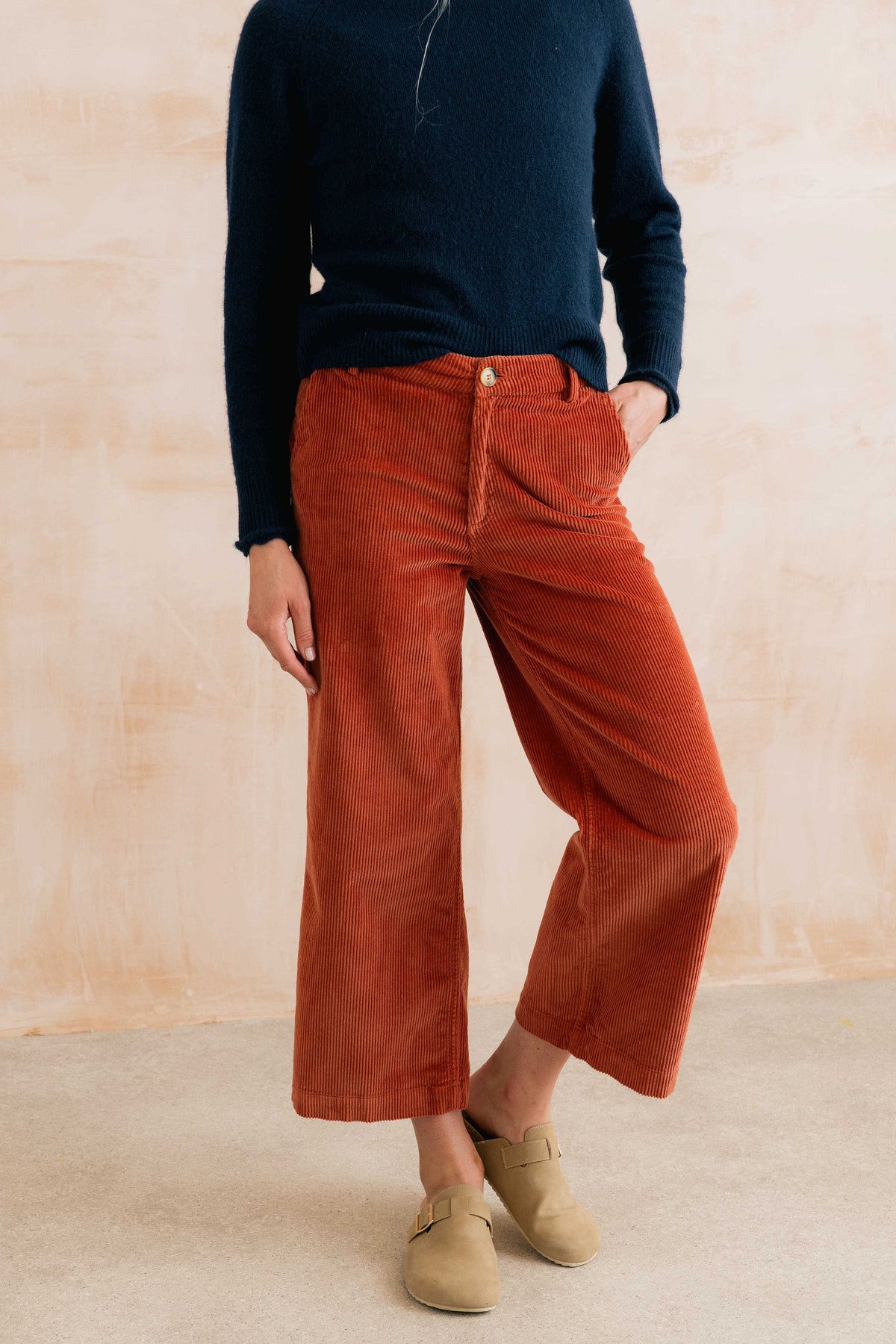 Isla Cropped Stretch Jumbo Cord Trousers Terracotta