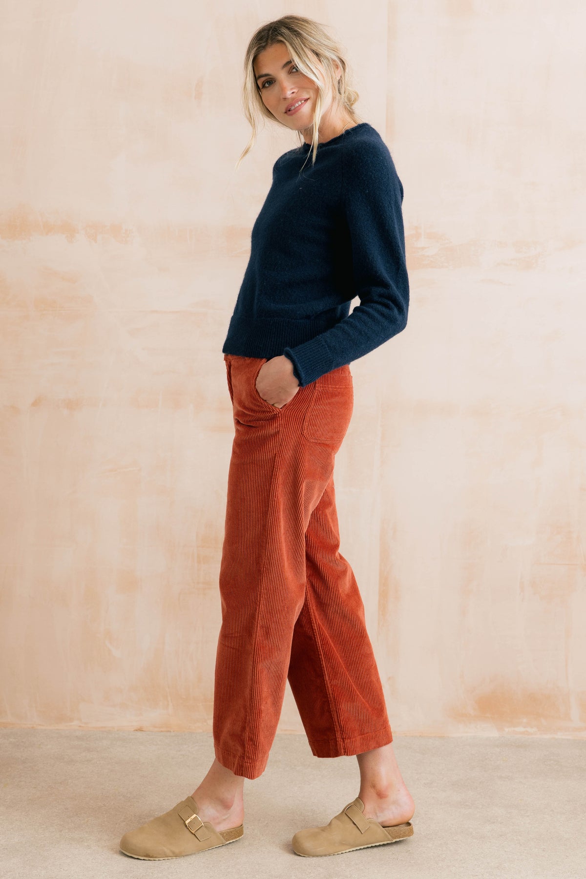 Isla Cropped Stretch Jumbo Cord Trousers Terracotta