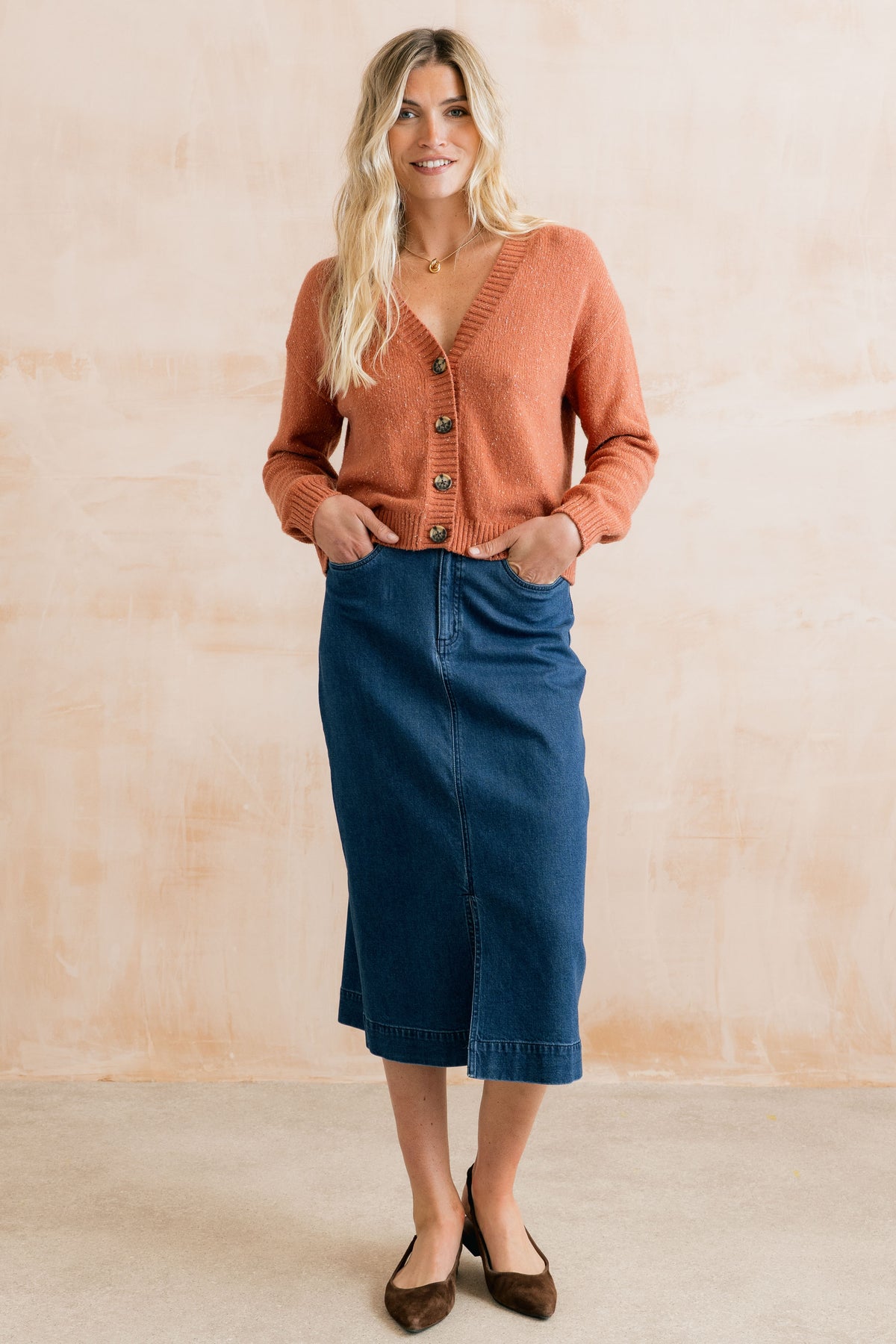 Bloom Flecked Knit V-Neck Cardigan Soft Terracotta