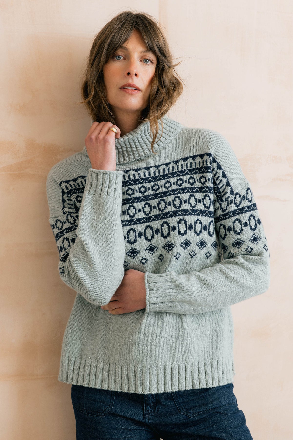 Easel Fair Isle Roll Neck Jumper Mist