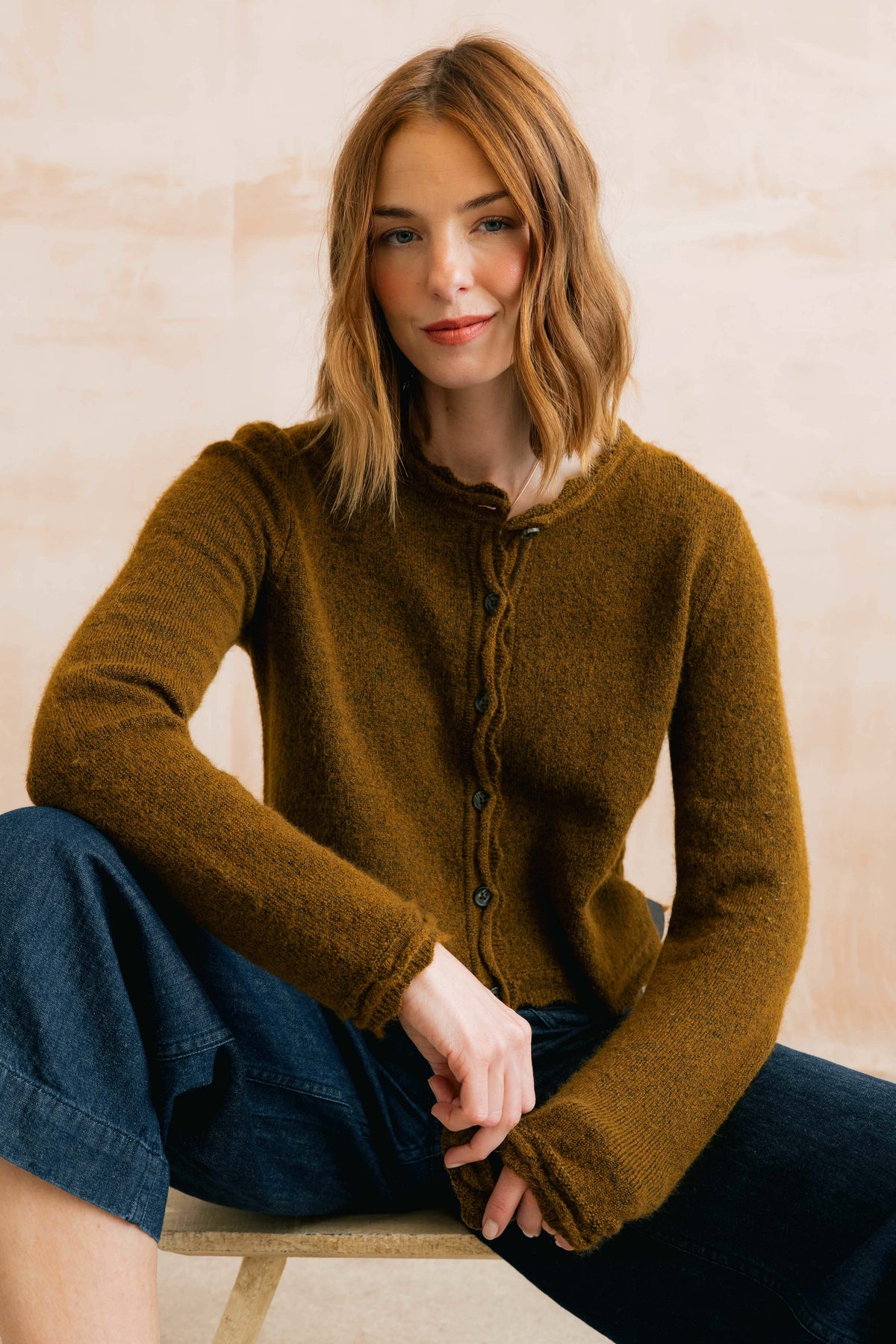 Elodie Scalloped Neck Outfitter Cardigan Burnt Caramel