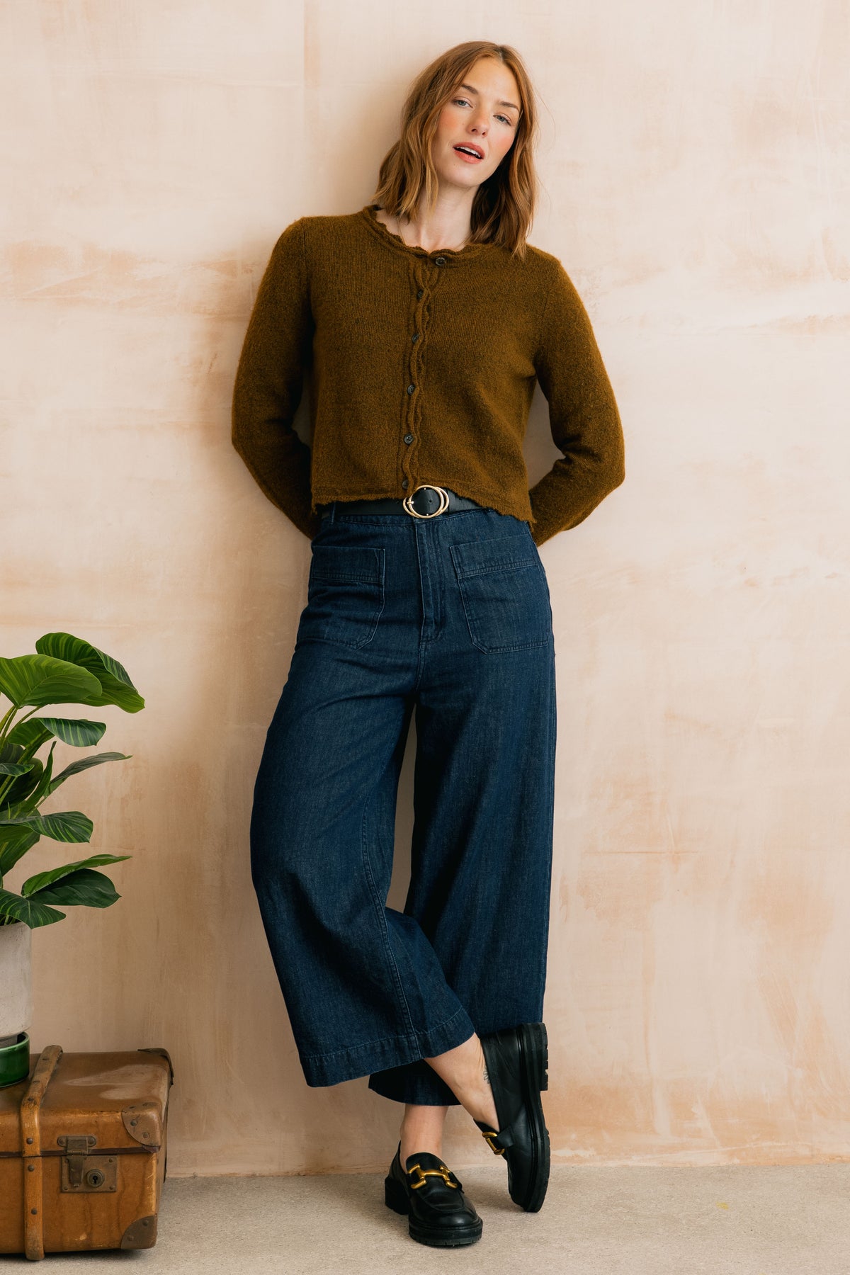 Elodie Scalloped Neck Outfitter Cardigan Burnt Caramel