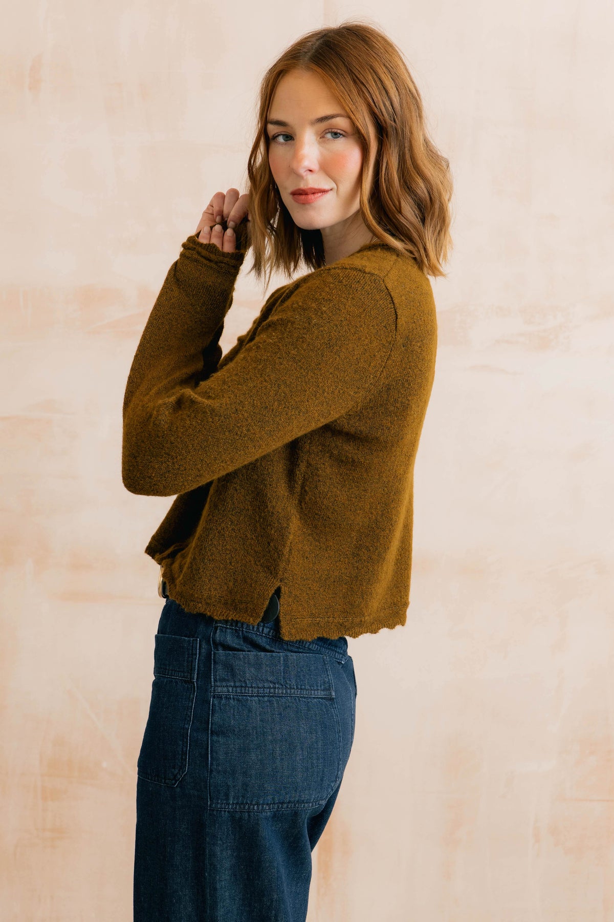 Elodie Scalloped Neck Outfitter Cardigan Burnt Caramel