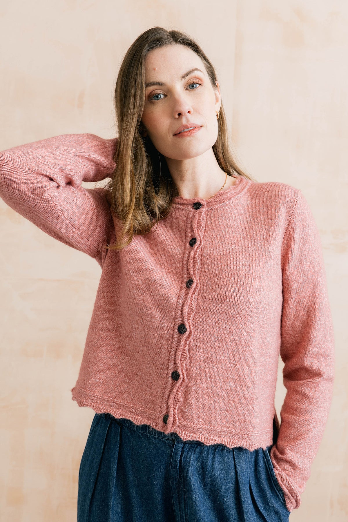 Elodie Scalloped Neck Outfitter Cardigan Vintage Rose
